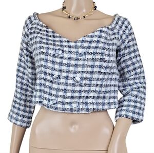 Zara Blue Black White Tweed Off Shoulder Long Sleeve Faux Button Crop Top